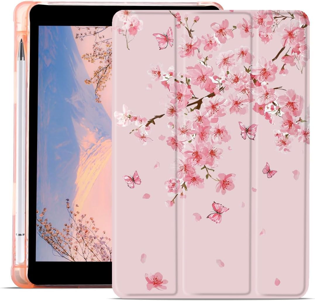 Cherry Blossoms Case for iPad A16 11th Generation 11" /iPad 10th Generation 10.9" Cute Floral Butterfly Trifold Stand Pink Leather Case with Pencil Holder Auto Wake/Sleep