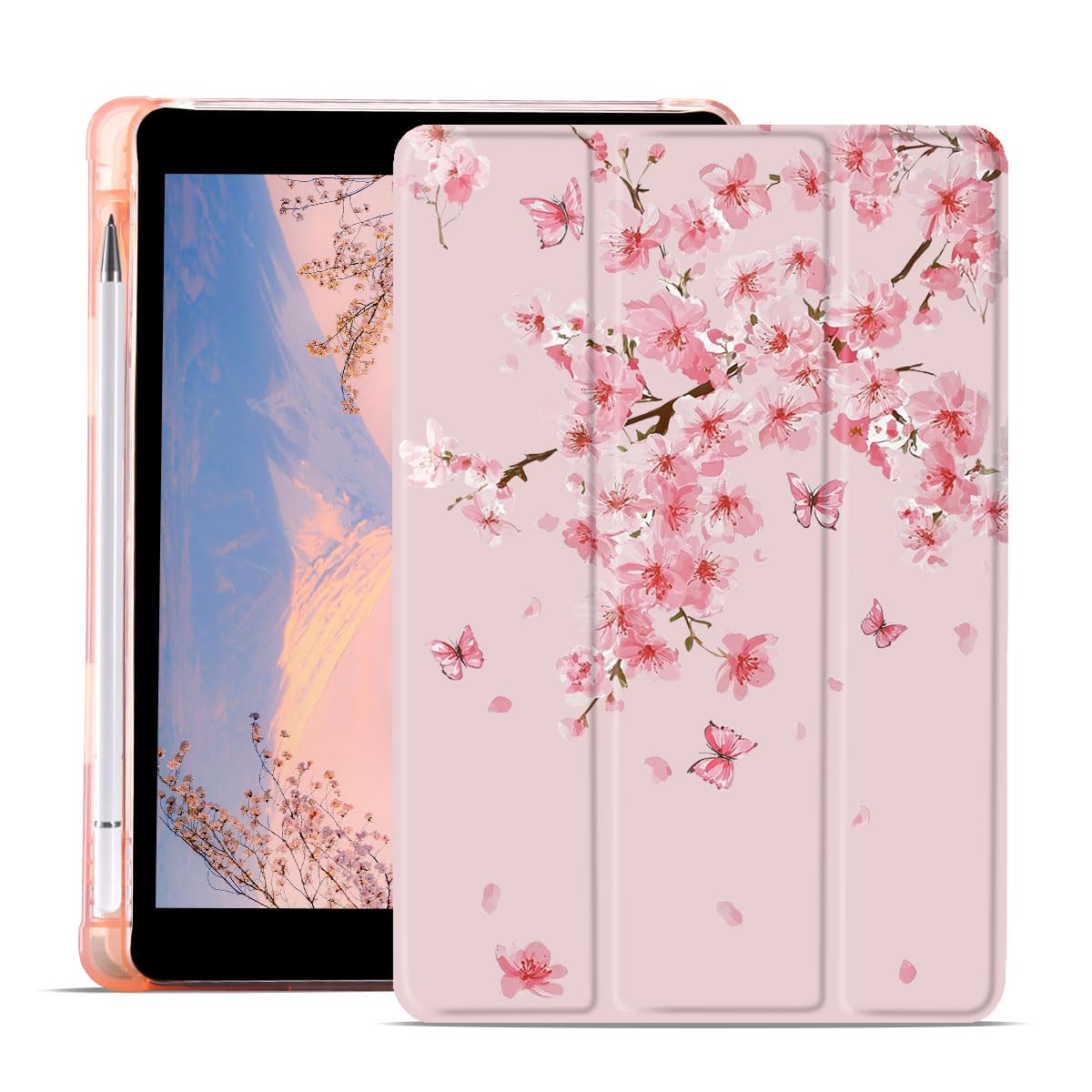 Cherry Blossoms Case for iPad Air 13 Inch M3/M2(2025/2024) Cute Floral Butterfly Trifold Stand White Leather Casewith Pencil Holder Auto Sleep/Wake