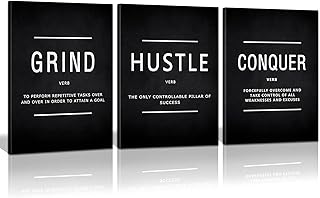 KAWAHONE Grind Hustle Conquer Success Wall Art, Motivation Canvas Wall Decor Framed Inspirational Painting Quotes Positive Poster Wall Hanging Picture for Home Office Workplace - 12" Wx16 Hx3piece