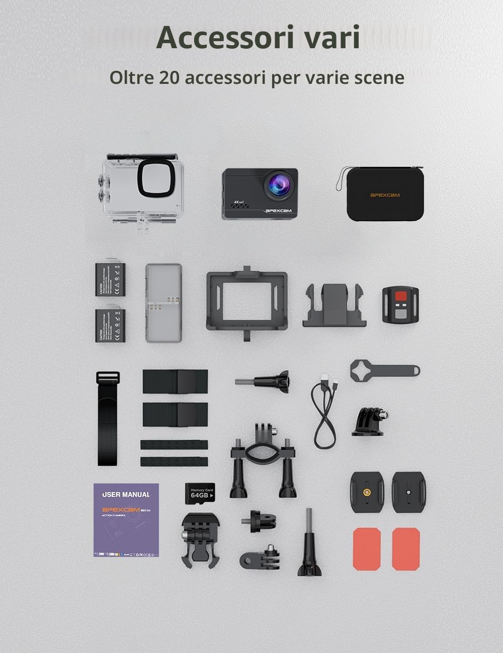 Apexcam 4K 60FPS EIS Action Cam 64MP Con Scheda di Memoria 64GB WiFi Sports Camera Ultra HD Telecamera subacquea 40M 2.4G Telecomando Time Lapse 2x1350mAh Batterie