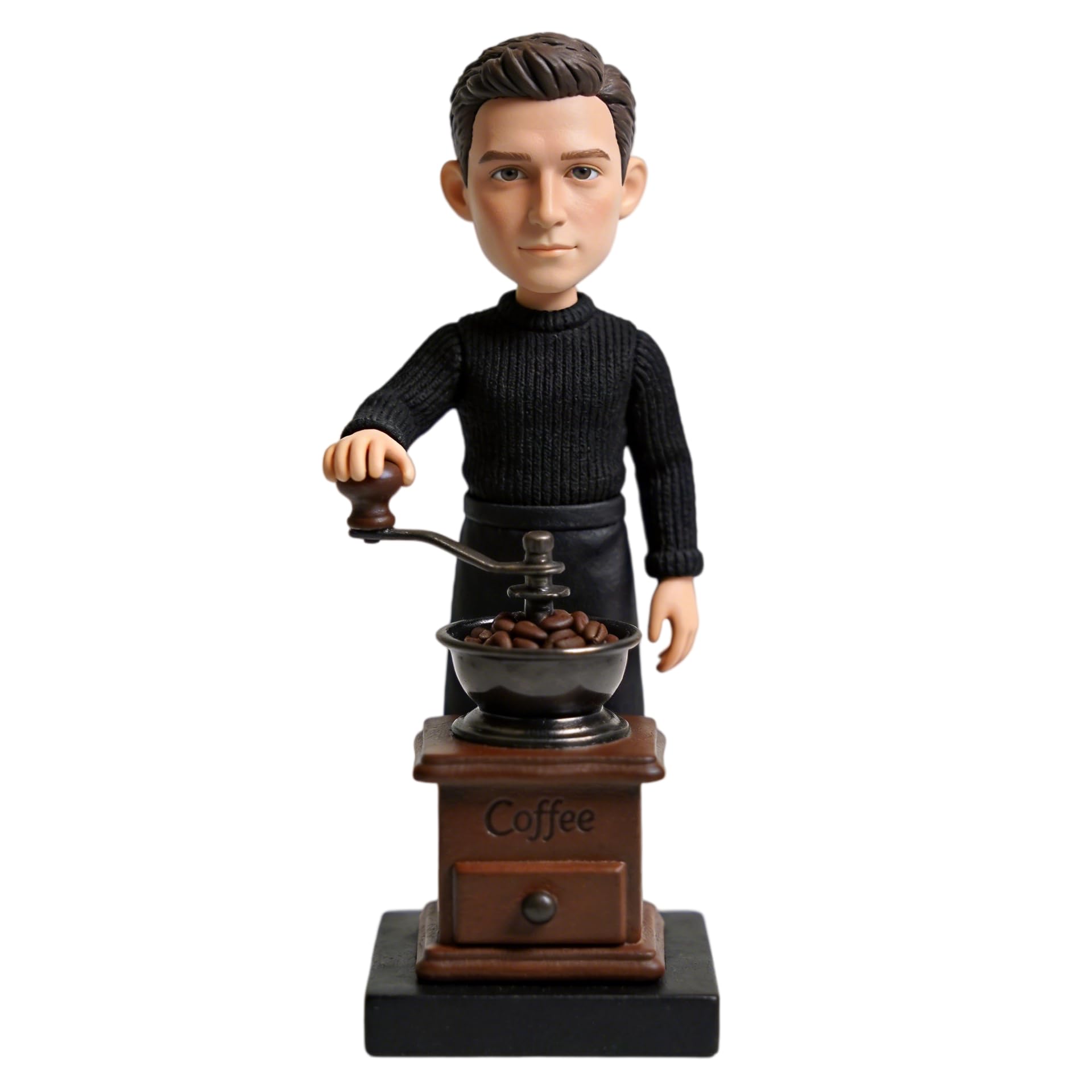 Figurine 3D personnalisée à partir de la photo, figurine masculine de barista Bobbleheads avec moulin à haricots manuel, décoration personnalisée, cadeaux pour les amateurs de baristas, anniversaire