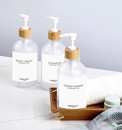 Miniatura 2 de Gails Willing Botellas de champú y acondicionador resistentes esmeriladas, dispensador de boticario, bomba de bambú, botellas de champú recargables
