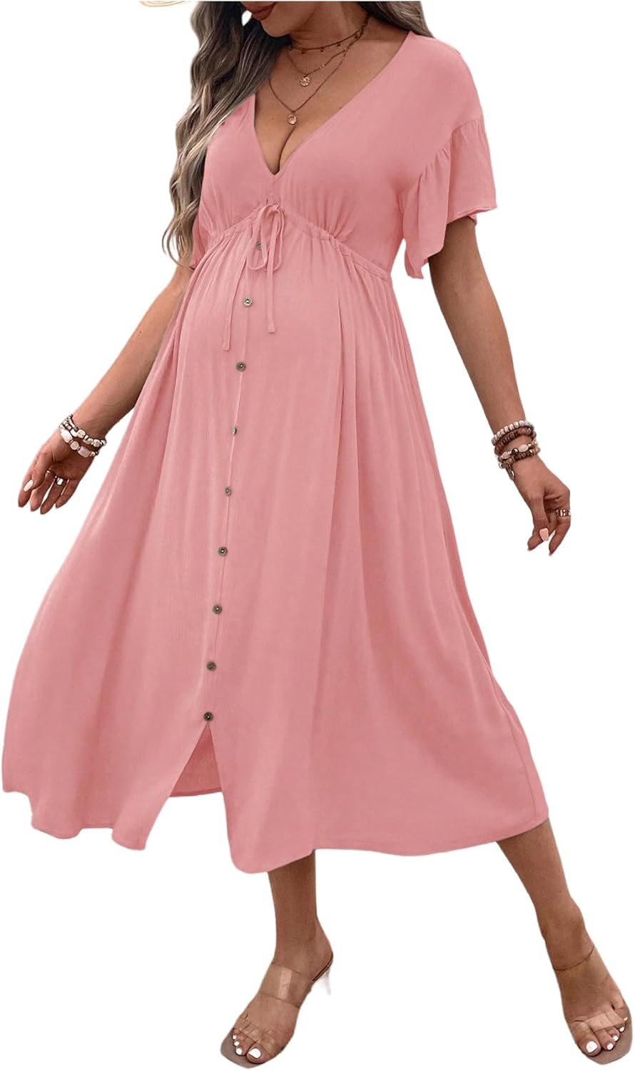 OYOANGLE Women's Maternity Drawstring Waist Midi Dress V Neck Ruffle Short Sleeve Pregnancy Flowy Dresses