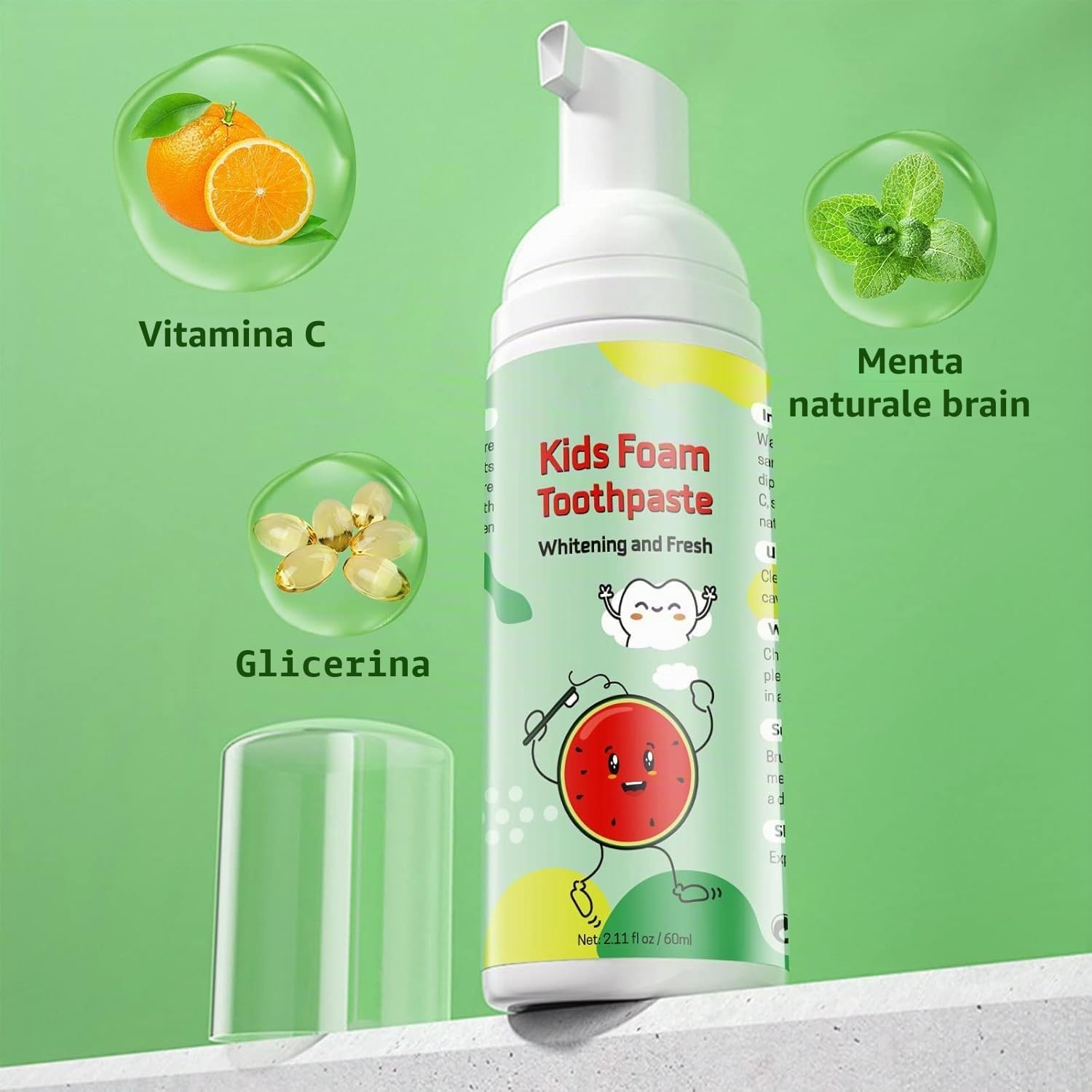Dentifricio Schiuma Bambini, Riduce la Placca, Dentifricio in Schiuma Sbiancante a Basso Contenuto di Fluoro con Formula Naturale per Spazzolino a Forma di U dai 3 Anni in su (Fragola & Anguria)