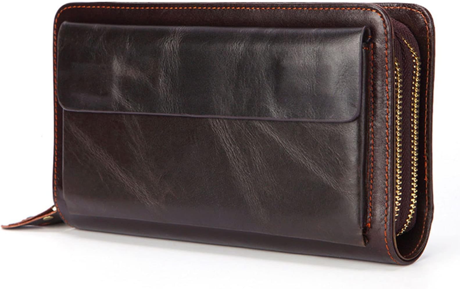 SUMGOGOWallets for Men Women Wristlet Clutch Handbag Phone & Card Holder Purse Vintage Genuine Leather Zip Around Wallet, L-coffee, Classic & Retro,