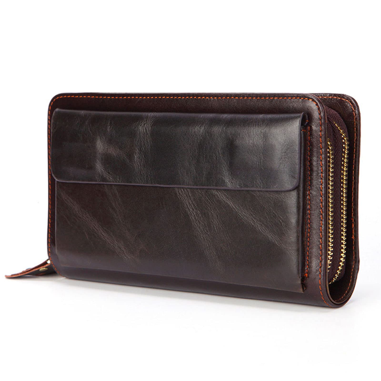 SUMGOGOWallets for Men Women Wristlet Clutch Handbag Phone & Card Holder Purse Vintage Genuine Leather Zip Around Wallet, L-coffee, Classic & Retro,