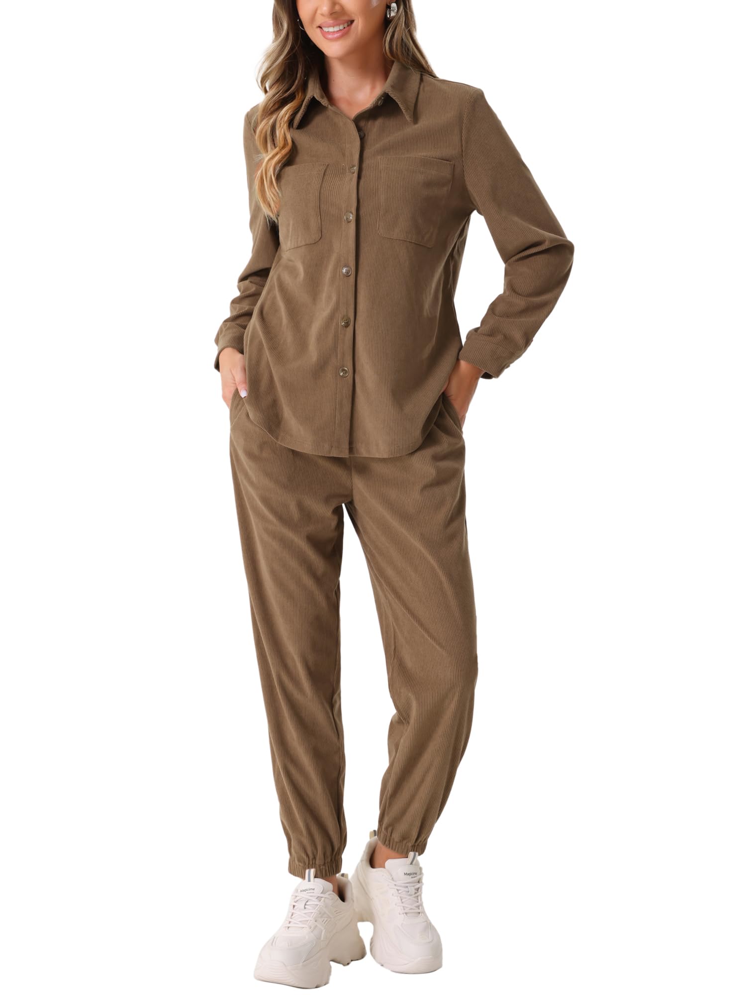 Allegra K Femme Ensemble Shacket Pantalon en Velours Côtelé Manches Longues