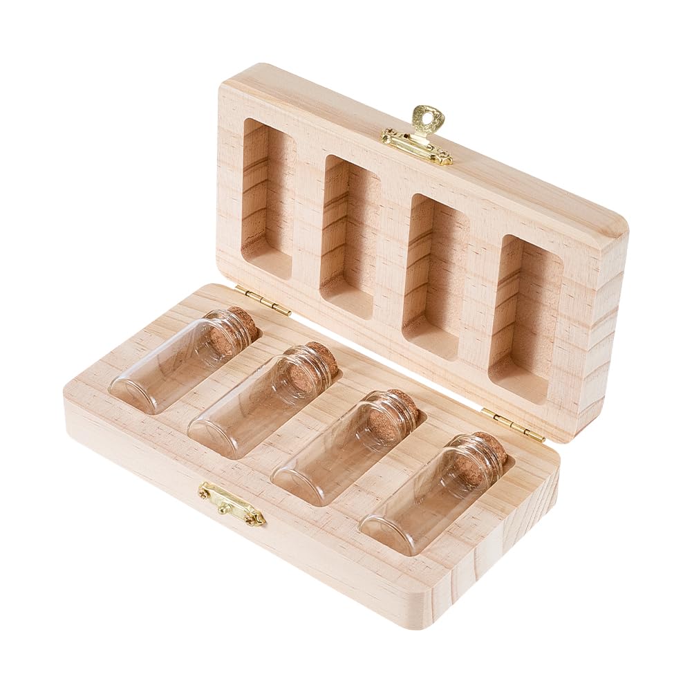 FINGERINSPIRE 1 Set Wooden Keepsake Box with 4 Glass Bottles 150x80x33mm BurlyWood Color Rectangle Memory Organizer Box for Umbilical Cord Fetal Hair First Tooth Storage New Parent Gift