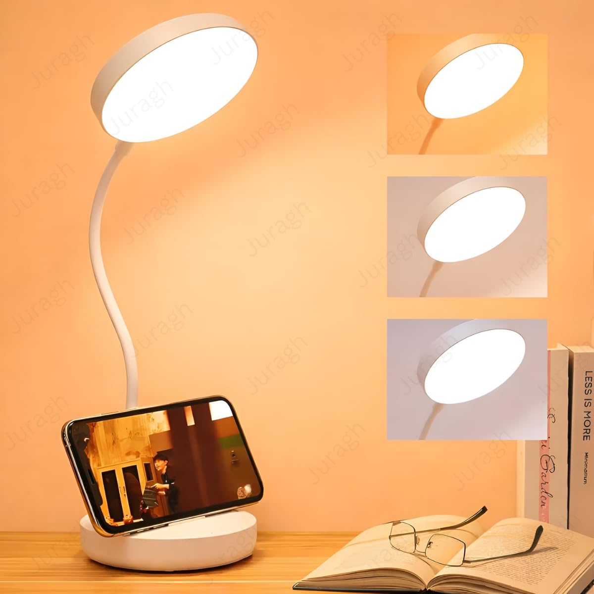 Rechargeable Round LED Desk Lamp with Phone Holder 3 Color Modes Stepless Dimming 360° Flexible Eye Phone Holder Night Table Light for Students Reading Office-image-23
