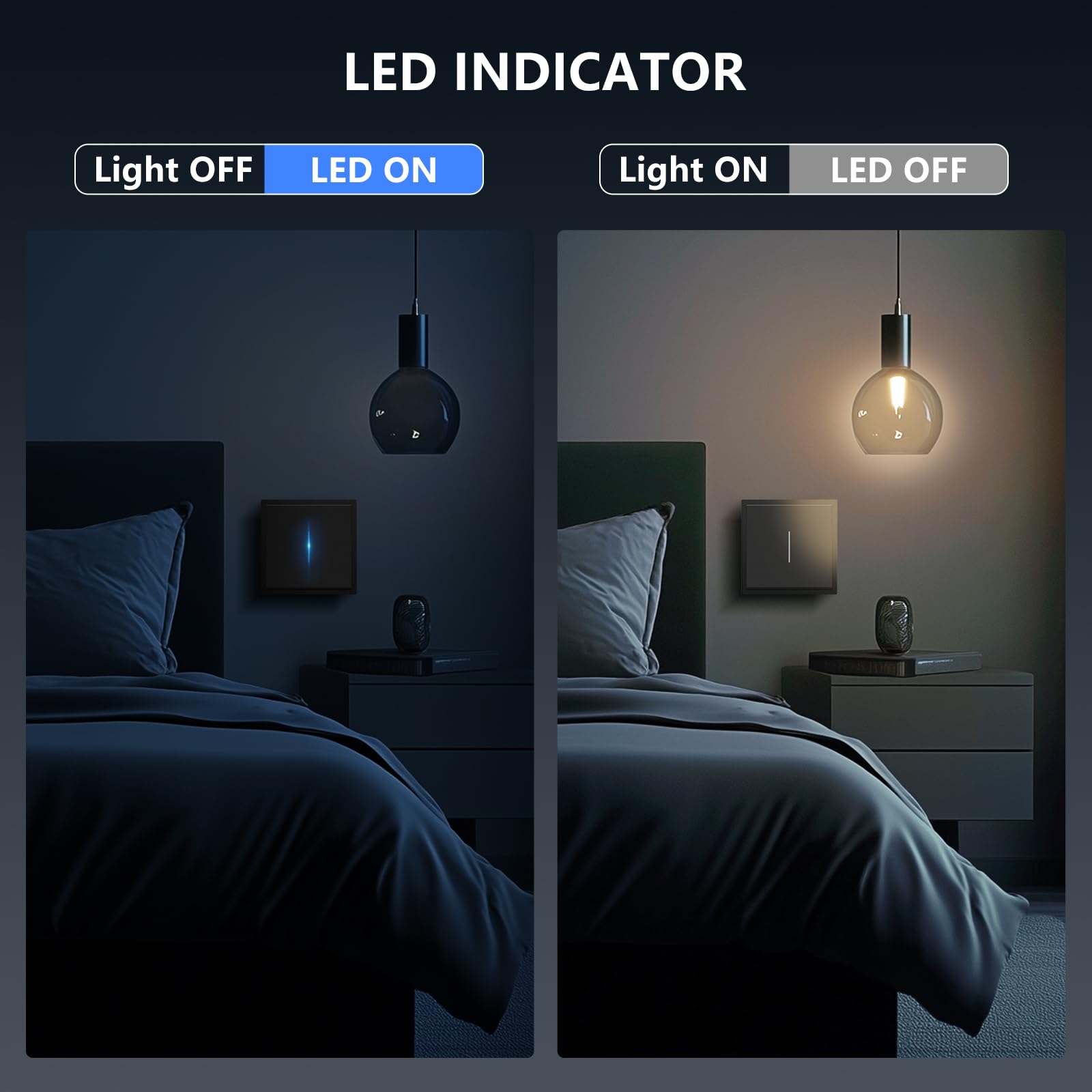 BSEED Interruptor Empotrado, Interruptor Pulsador con Terminal Enchufable, 1 Gang 1 Vía Light Switch con Indicador Luminoso LED y Marco de PC, Negro, 80X80mm