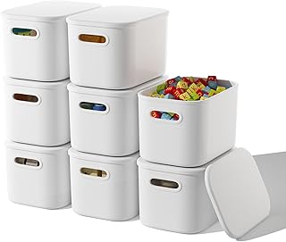 8 Pack White Storage Bins with Lids Stackable Storage Container for Orga...