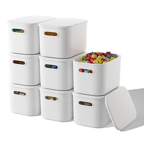 8 Pack White Storage Bins with Lids Stackable Storage Container