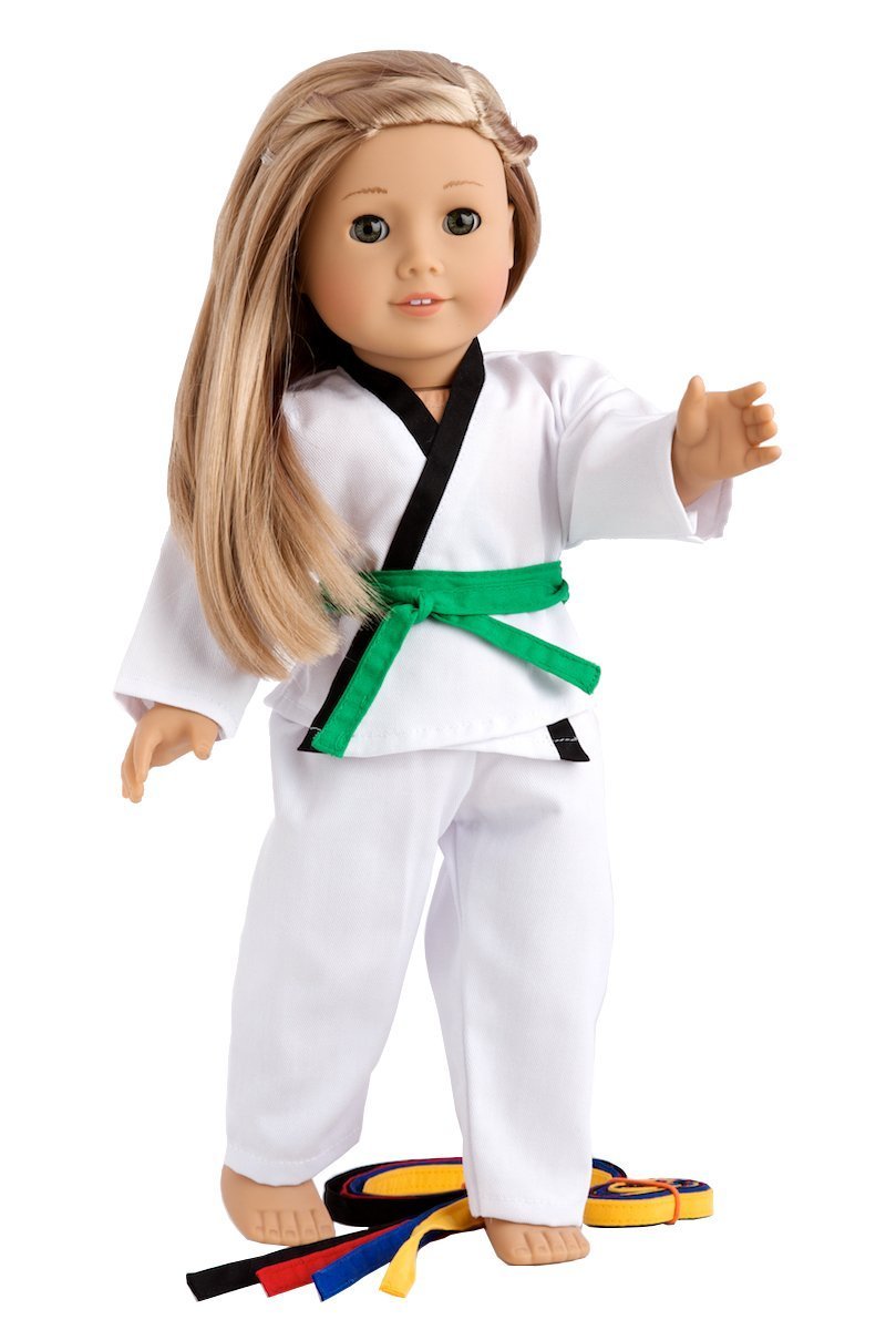 TianBo White Karate / Tae Kwon Do Outfit Includes Blouse, Pants and 5 Belts - Yellow, Green, red, Blue and Black - for 18inch Our Generation for American Girl Doll NA02