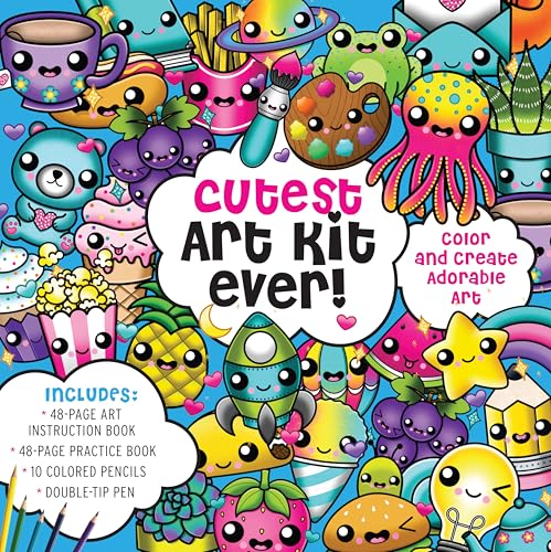 Cutest Art Kit Ever!: Color and Create Adorable Art – Includes: 48-page Art Instruction Book, 48-page Practice Book, 10 Colored Pencils, Double-Tip Pen
