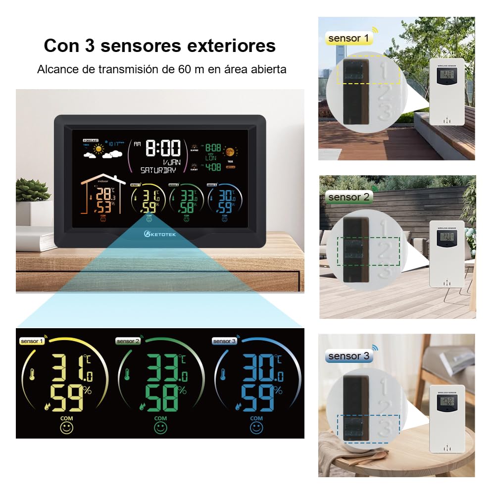Estación Meteorológica Radio Inalámbrica KETOTEK con 3 Sensores de Exterior Termómetro Digital LCD de Interior Higrómetro Barómetro con DCF,Reloj Alarma,Previsión Meteorológica,Fase Lunar