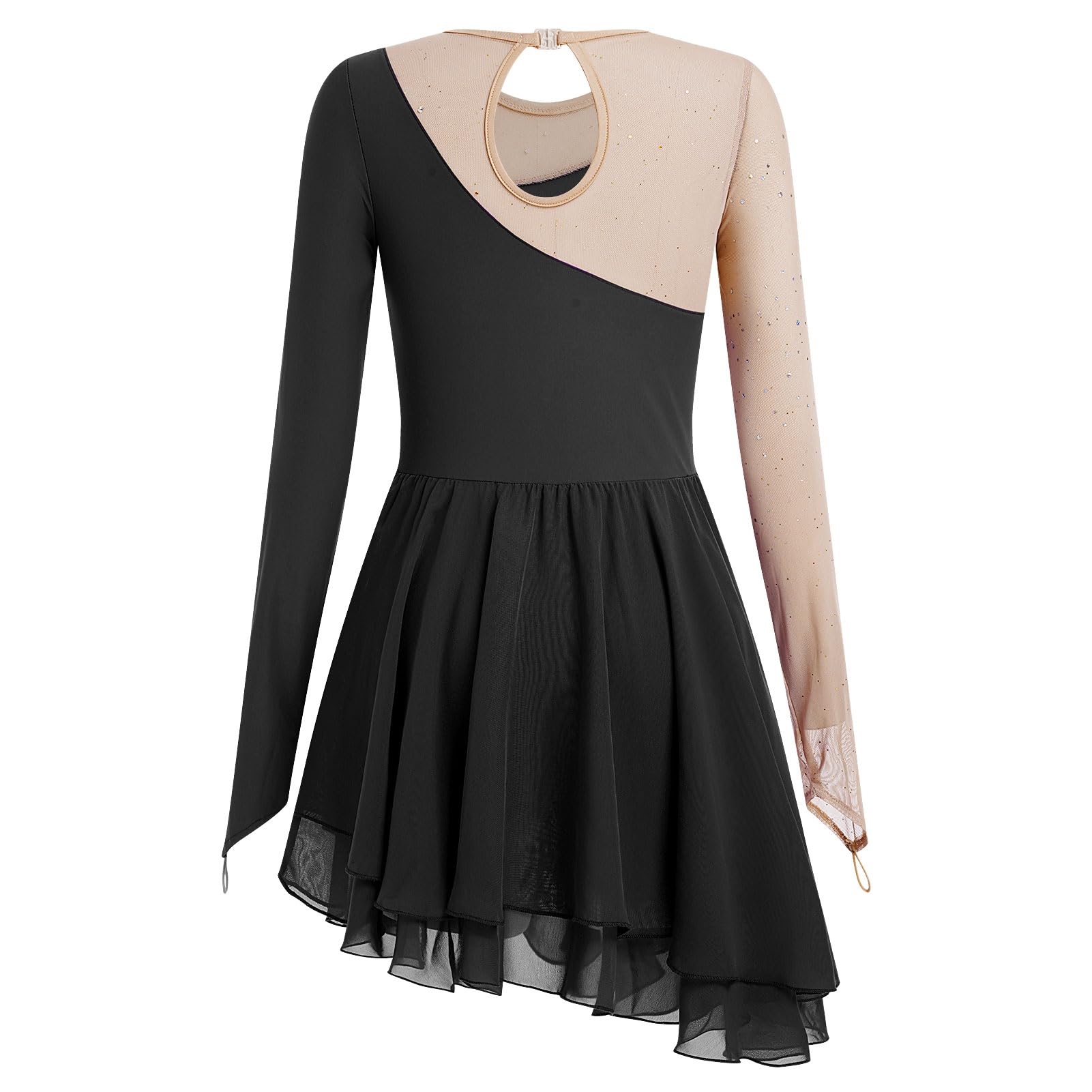 AFAVOM Eiskunstlaufkleid für Damen und Mädchen, langärmelig, Netzstoff, Pailletten, Strass, Eislaufkleid, Ballett, Wettkampf, Tanzkleidung