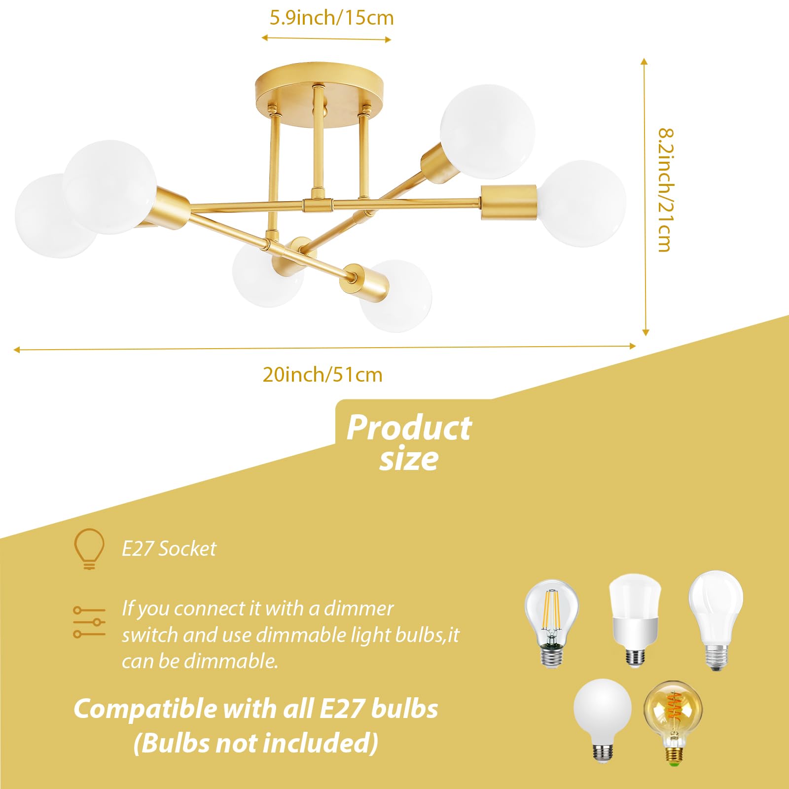 Dellemade Ceiling Light, 6-Lights Chandeliers Gold Ceiling Lighting for Living Room,Bedroom,Kitchen (Gold) - Image 4