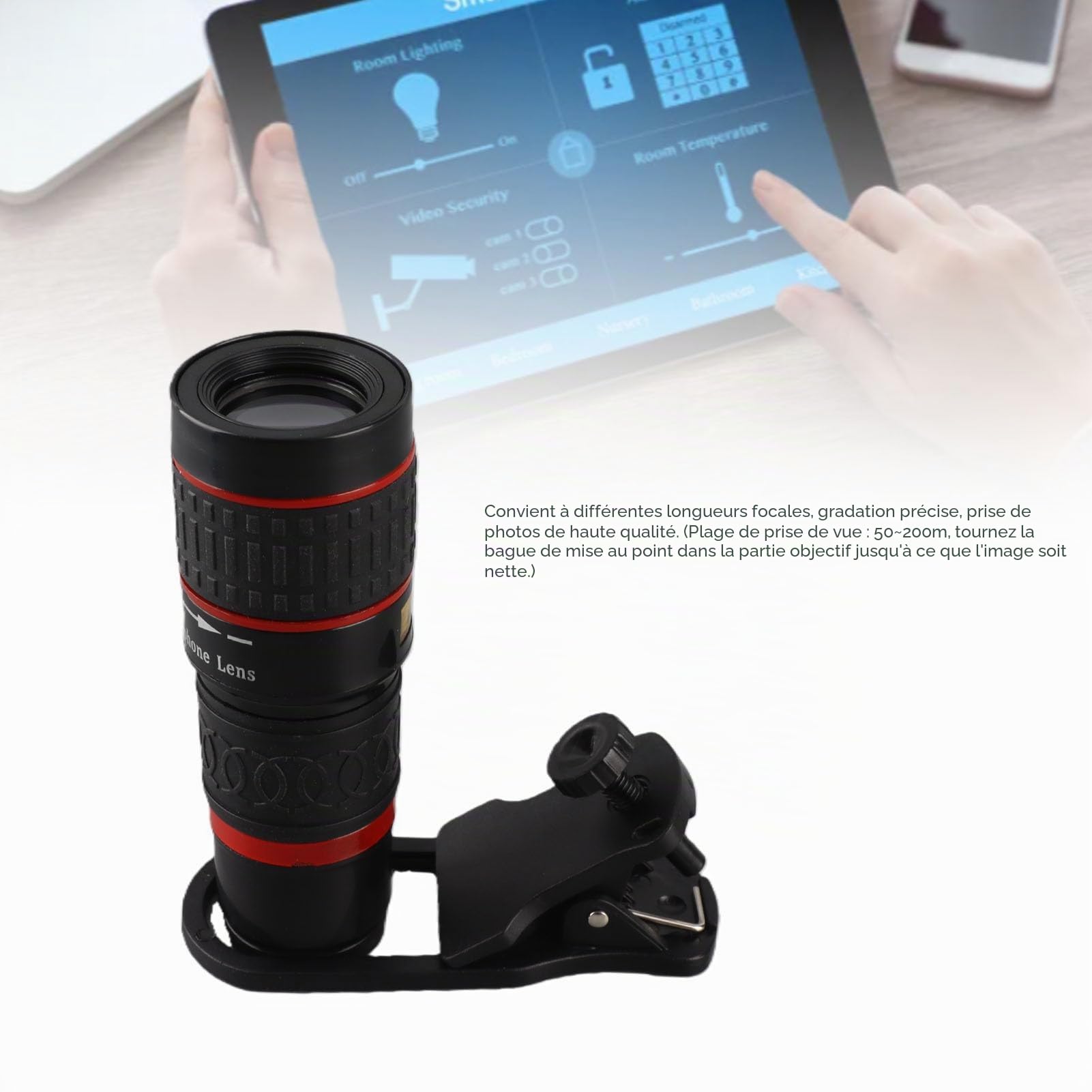 Objectif Zoom pour téléphone Portable, Objectif Zoom 20x Longue focale avec Clip pour Smartphone, Tablette, PC Noir