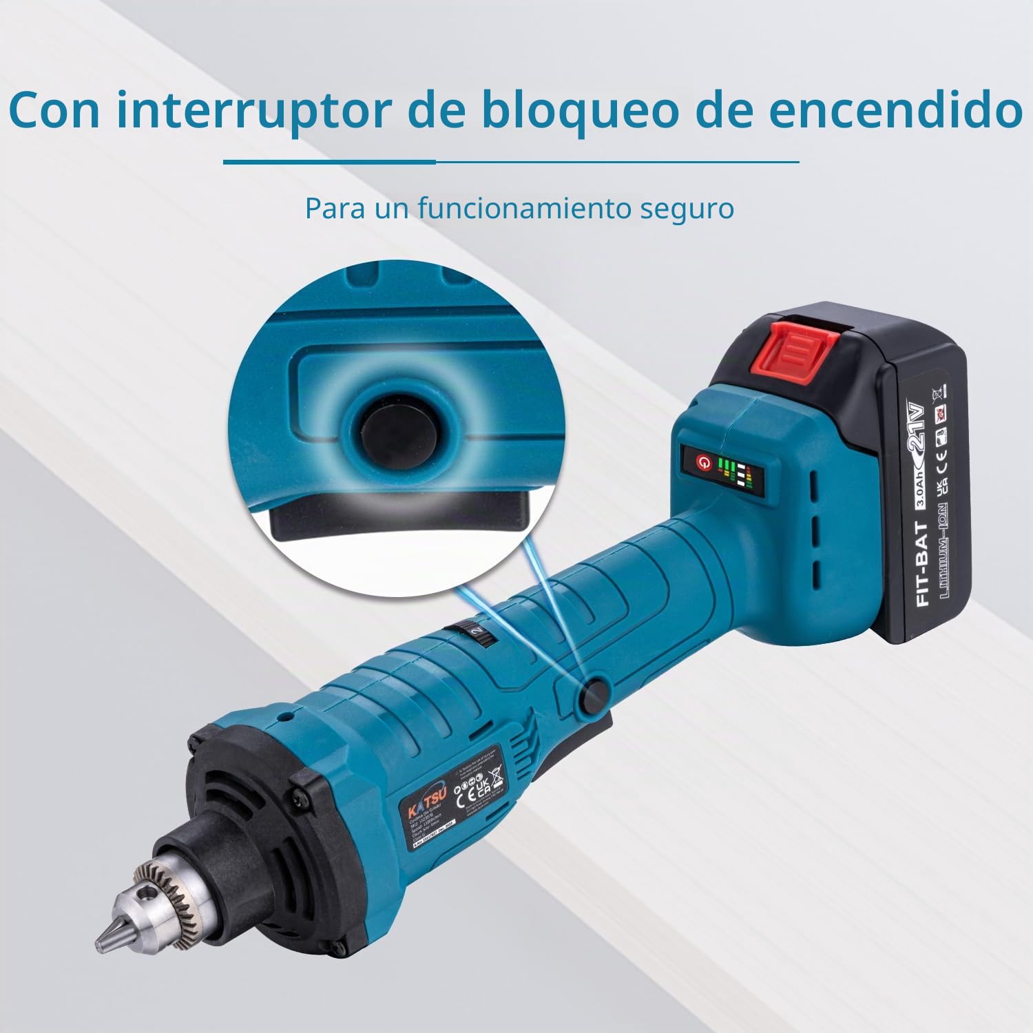 KATSU FIT-BAT 21V Amoladora Recta a Batería Brushless sin Escobillas con 3,0 Ah Batería y Cargador, 6mm Portafresas y 6 Velocidades Variables, en Caja