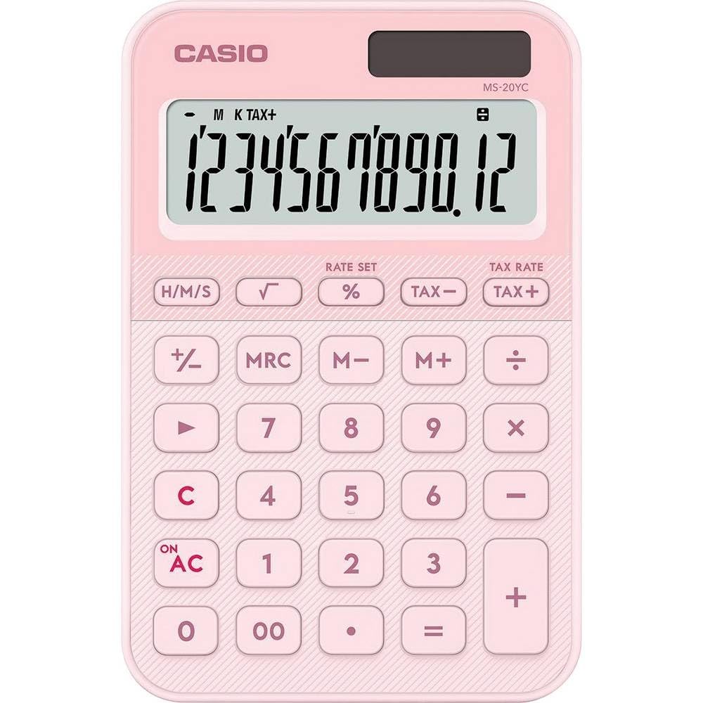 CASIO MS-20YC small desktop calculator with time calculation, light pink