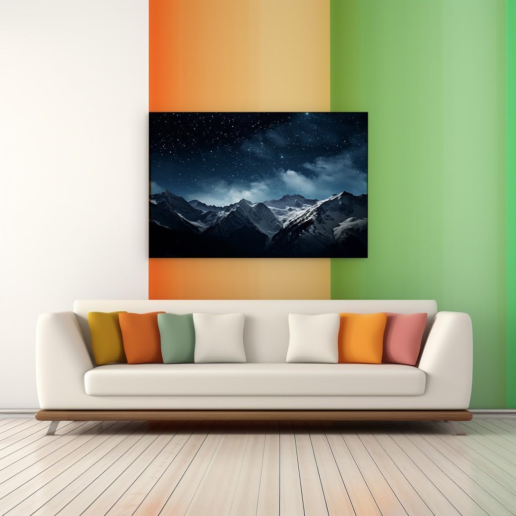 Canvas for Living room. Starry Serenity: Wonders of the Snow-Capped Night Sky, 27 x 18 inch Canvas Wall Art - Modern Home Decor - 69x46 cm (27x18 inch)