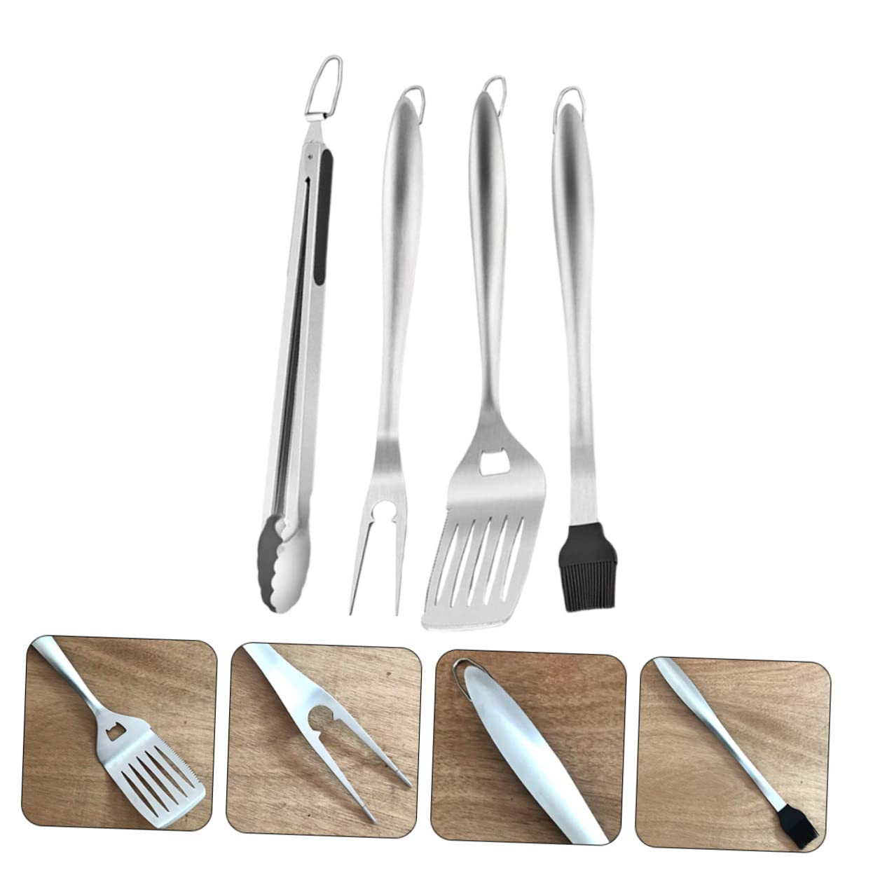 Set Utensili Barbecue in Acciaio Inox Professionale | Argento, Leggero e Riutilizzabile, Pinza Multiuso Forchetta e Spatola per Griglia