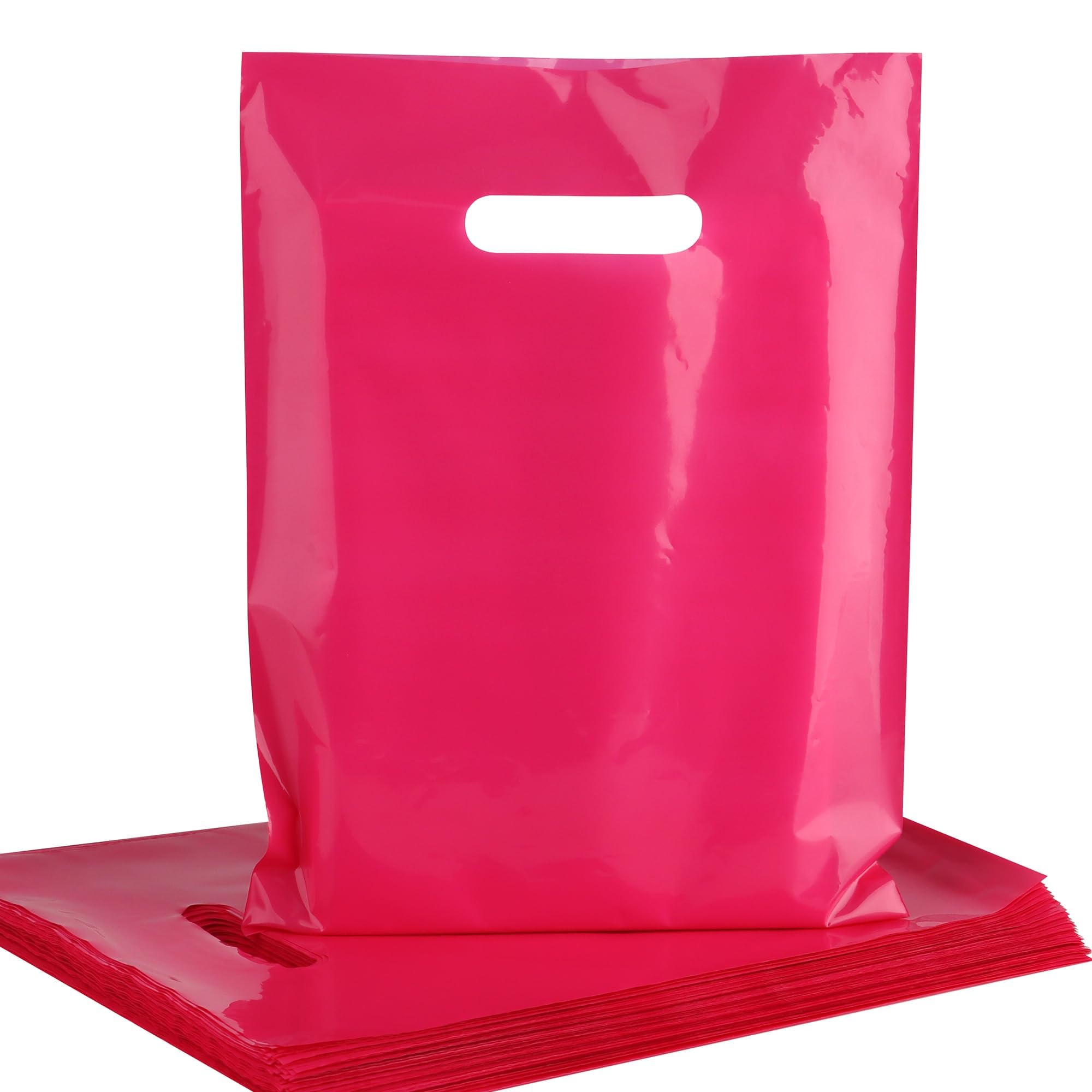 POPGIFTU Rose Pink Plastic Bags with Die-Cut Handles 100 Pack - 9x12 Inches, 1.75 Mil Thick Glossy Pink Retail Shopping Bags Bulk for Gift Wrapping,