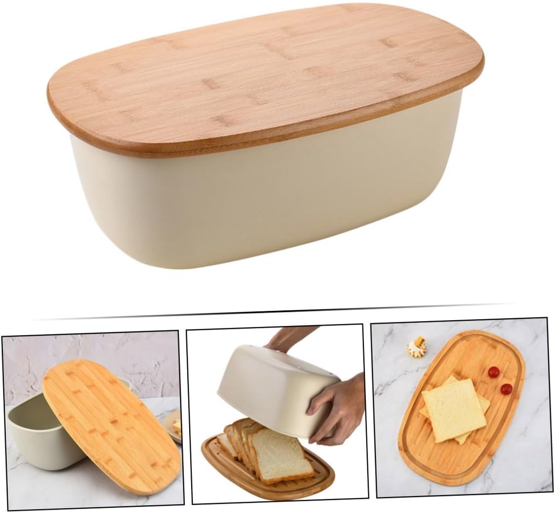 BESPORTBLE Bread Box Oval Desktop Bread Storage Container with Oak Lid for Kitchen Countertop Practical Toast and Snacks Organizer