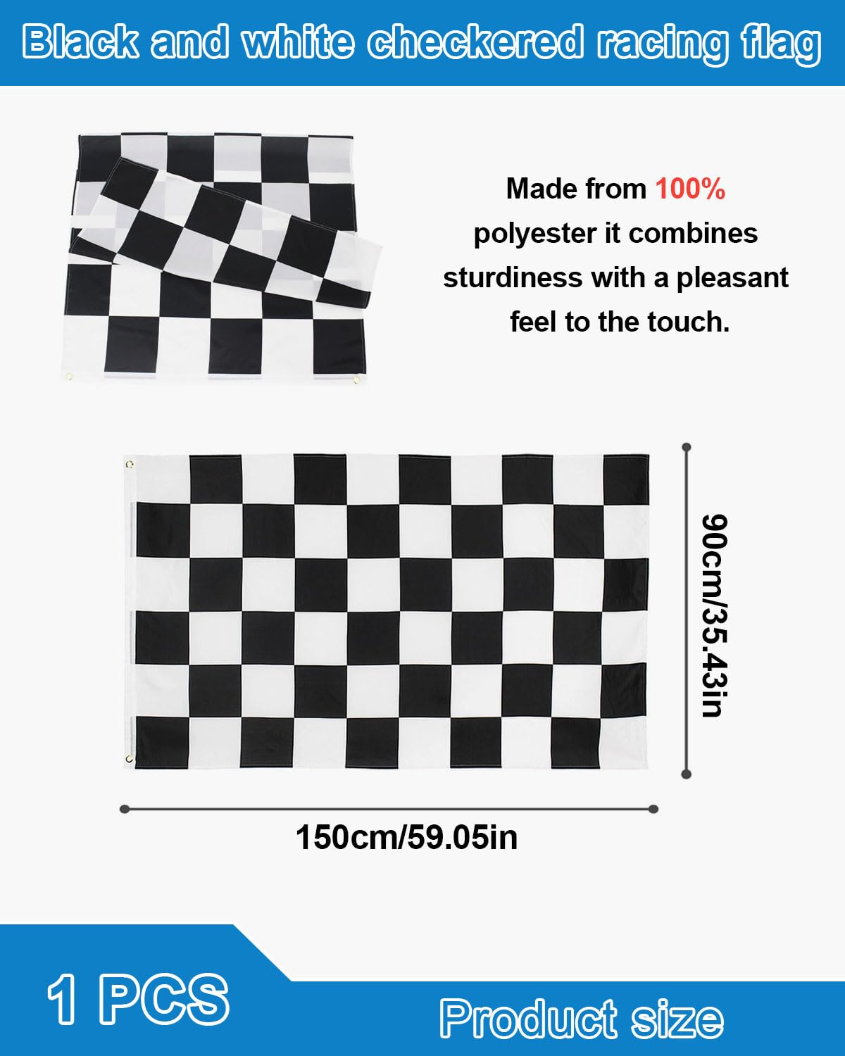 1PCS Bandiera a Scacchi, 90x150 cm Bandiera da Corsa Nera e Bianca con Occhielli in Ottone, Decorazioni per Interni Esterni, Garage, Bar, Eventi Sportivi e Party Automobilistiche