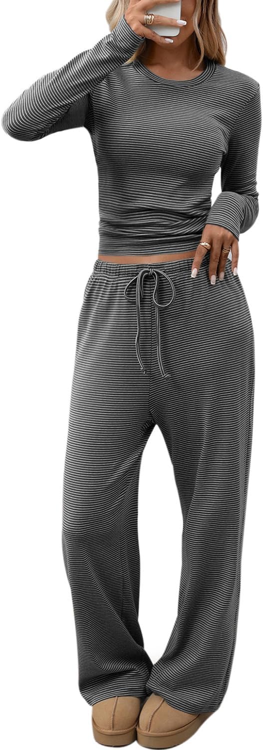 CHYRII Womens Two Piece Sets Fall Fashion Striped Long Sleeve Tops Wide Leg Palazzo Pants Outfits Loung Sets