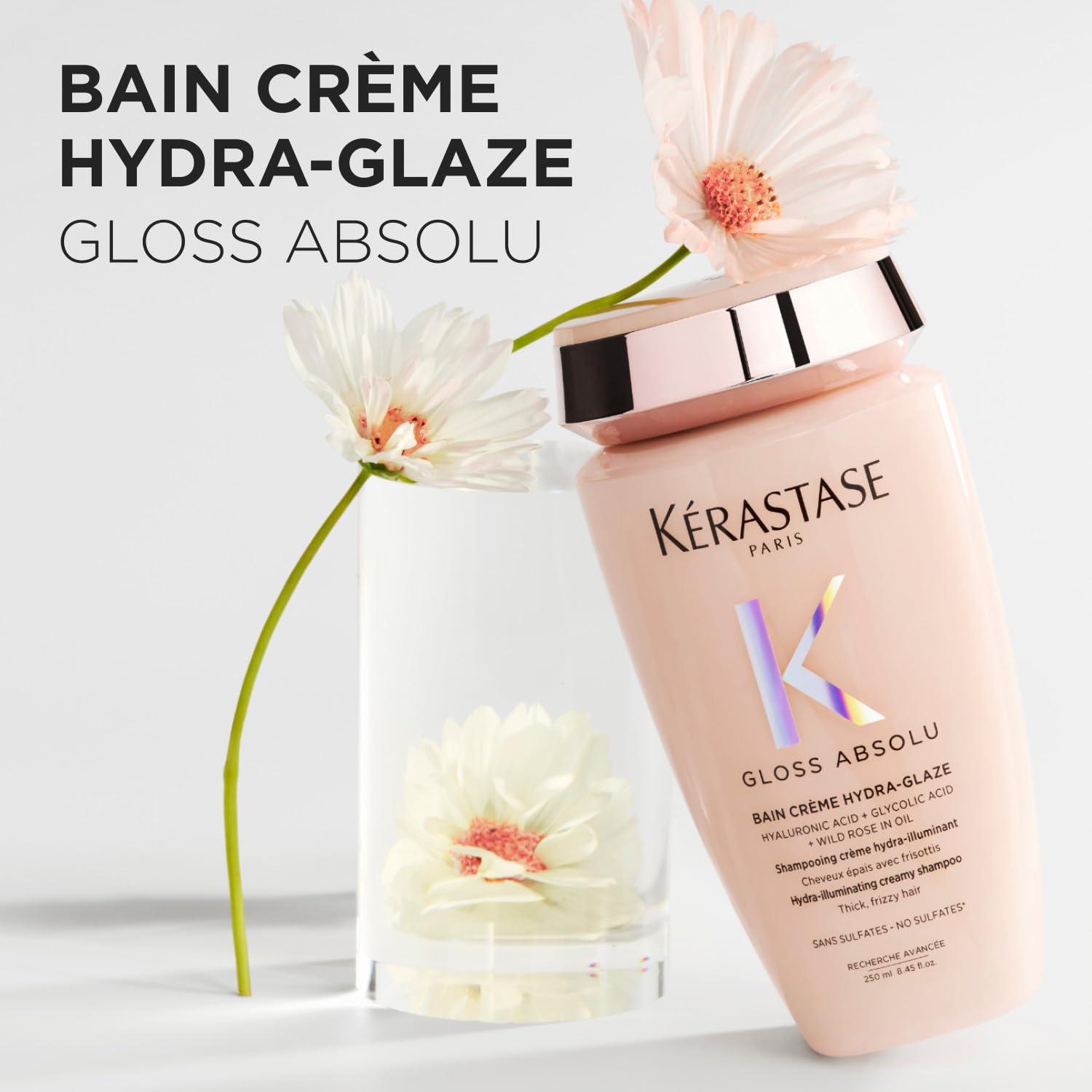 Kérastase, Gloss Absolu, Shampoo per Capelli Spessi Tendenti al Crespo, Con Acido Glicolico, Acido Ialuronico e Olio di Rosa Canina, Bain Crème Hydra-Glaze, 250 ml