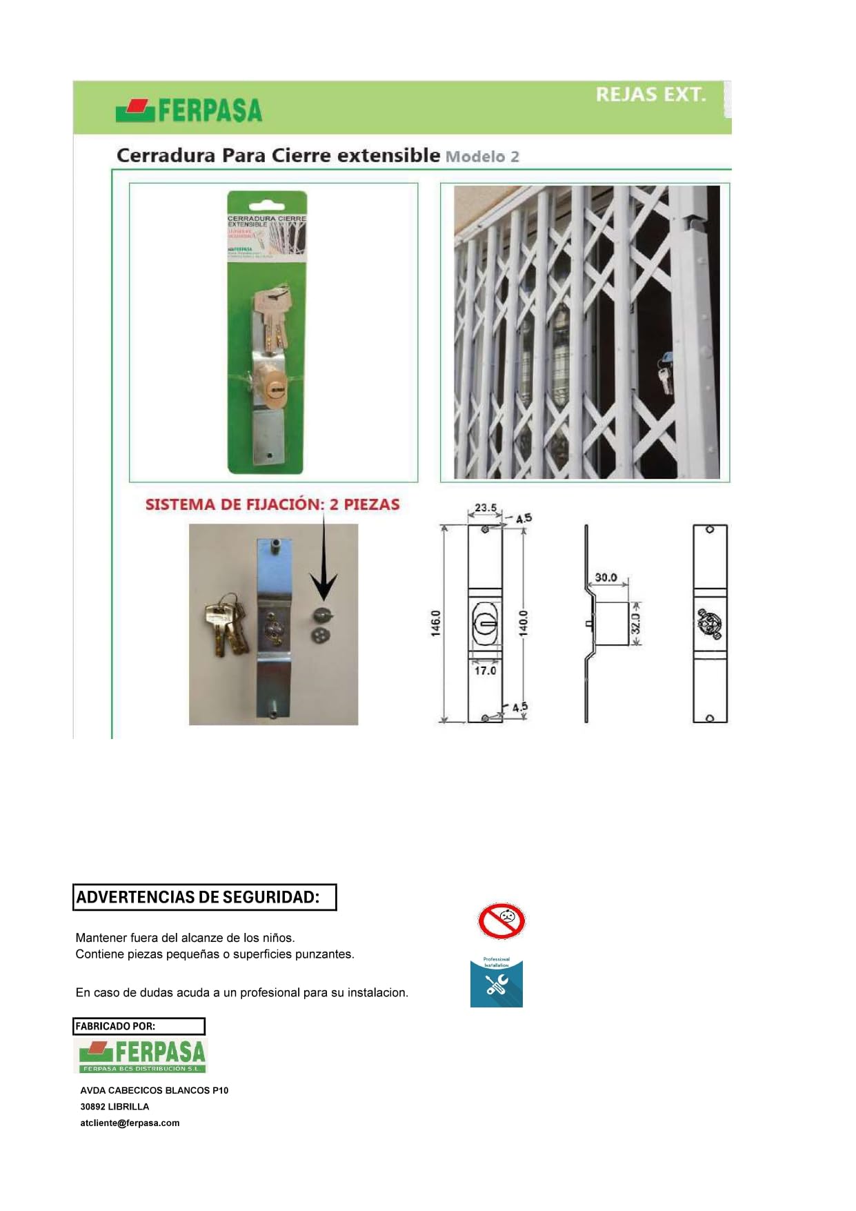 FERPASA® - Cerradura Puerta Ballesta con Llave de Puntos – Seguridad Metálica para Puertas Extensibles, Acabado Resistente y Duradero – 146x23,5 MM.