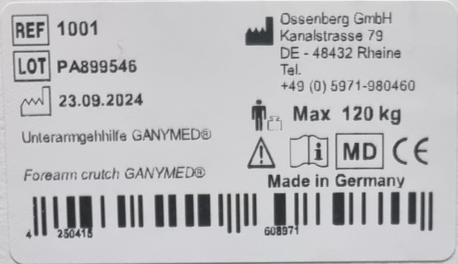 Ossenberg GANYMED - Andador para antebrazo con mango ergonómico suave, soporte para antebrazo ajustable de metal ligero, muletas con base de goma, hasta 120 kg, color gris