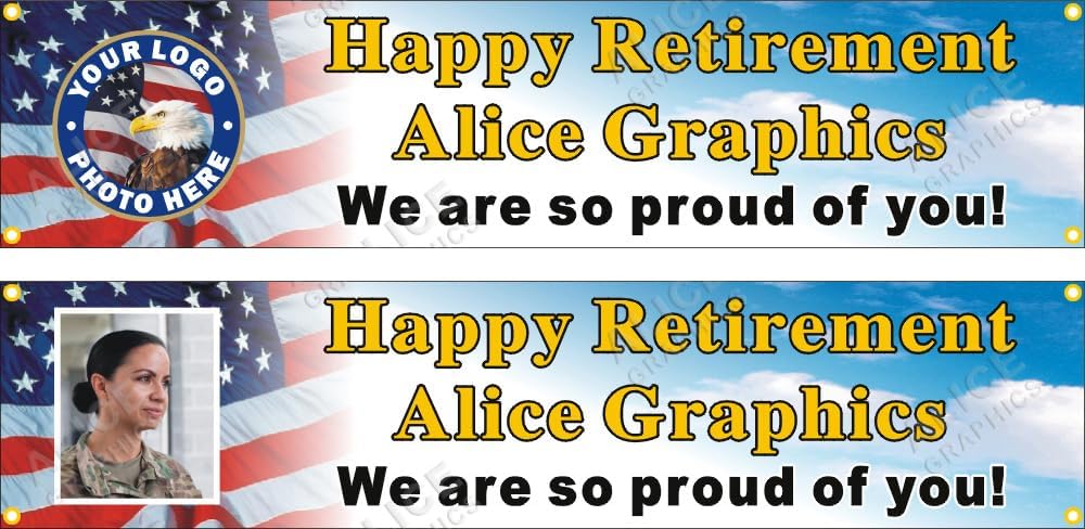 22" X 96" Custom Personalized Military Happy Retirement Party Vinyl Banner Sign - US Army, Navy, Marine Corps, Air Force, Space Force, Coast Guard