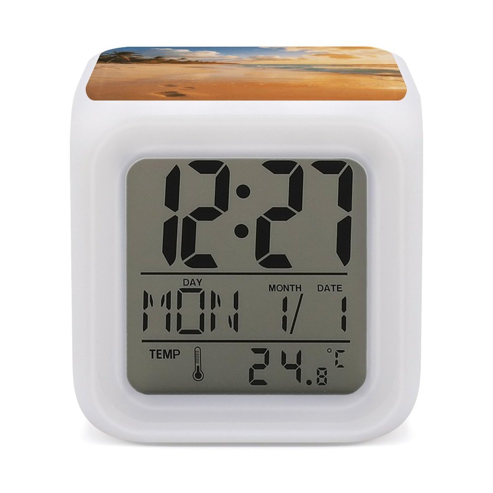 LZQPOEAS Beach Alarm Clock with 7 Color Changing Nightlight for Bedroom Calendar Temperature Display Wake Up Digital Clock Small Desk Clocks for Heavy Sleepers Adults