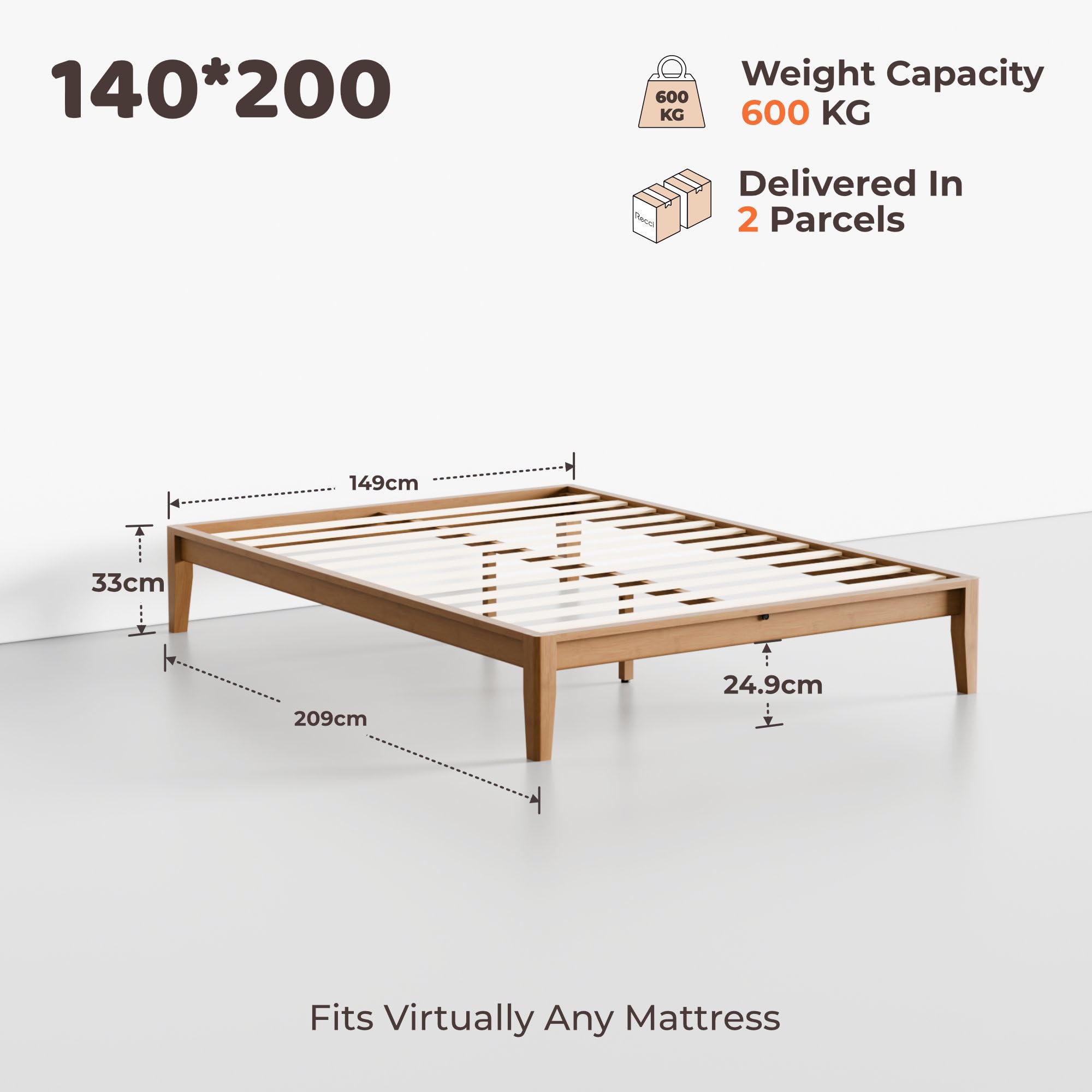 RECCI Bettgestell 140x200 aus massivem Bambus, Massivholzbett mit Steckverbindung, Modernes minimalistisches Bett, Geräuschlos, Werkzeuglose Montage, Bambus Natur