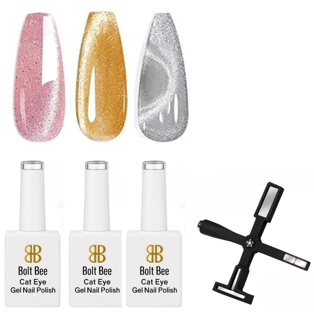 Bolt Bee Cat Eye Gel Nail Polish Set, Gold, Silver & Rose Gold, with 5-in-1 Magnet Wand, 14ml-image-23