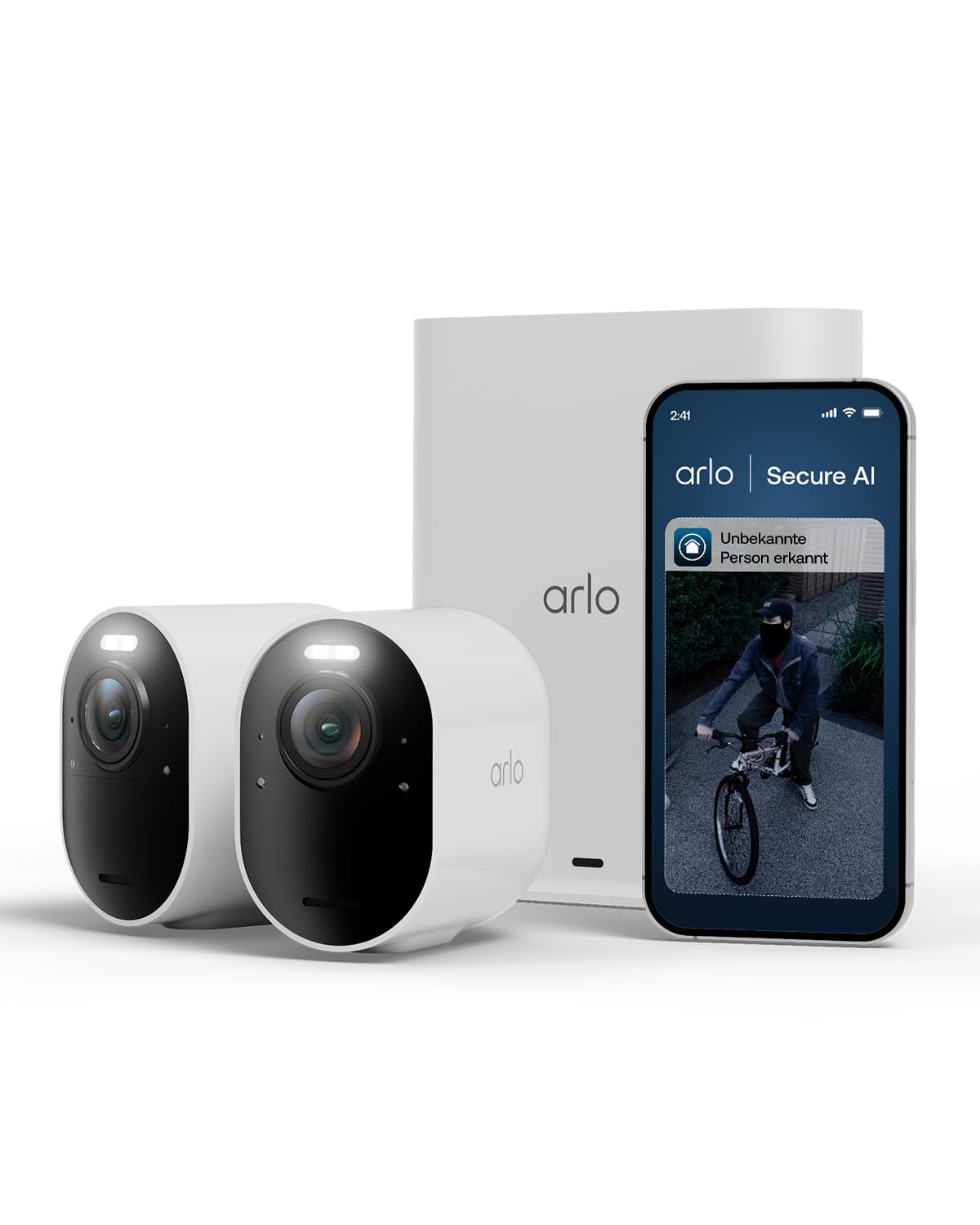 Arlo Ultra 3 Überwachungskamera Aussen WLAN, Kabellos, 4K UHD, KI-Erkennung, Auto-Tracking, Farb-Nachtsicht, Zwei-Wege-Audio, Lokaler Speicher, mit Arlo Secure Testversion, 2 Kameras mit Smarthub