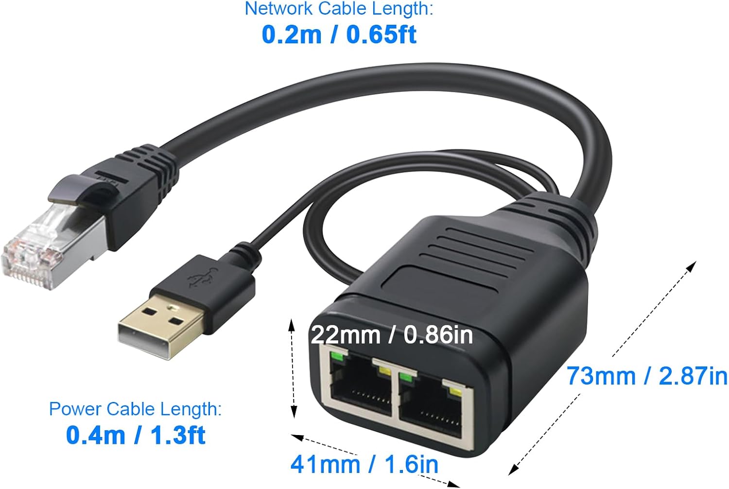 Duttek RJ45 Splitter Cable 0.65Ft, 100Mbps RJ45 1 in 2 Y Splitter Cable, RJ45 Network Male to Dual Female Ethernet Adapter Cable with Power USB2.0 Cable 40cm for Cat7/6/5.(Simultaneously Internet)