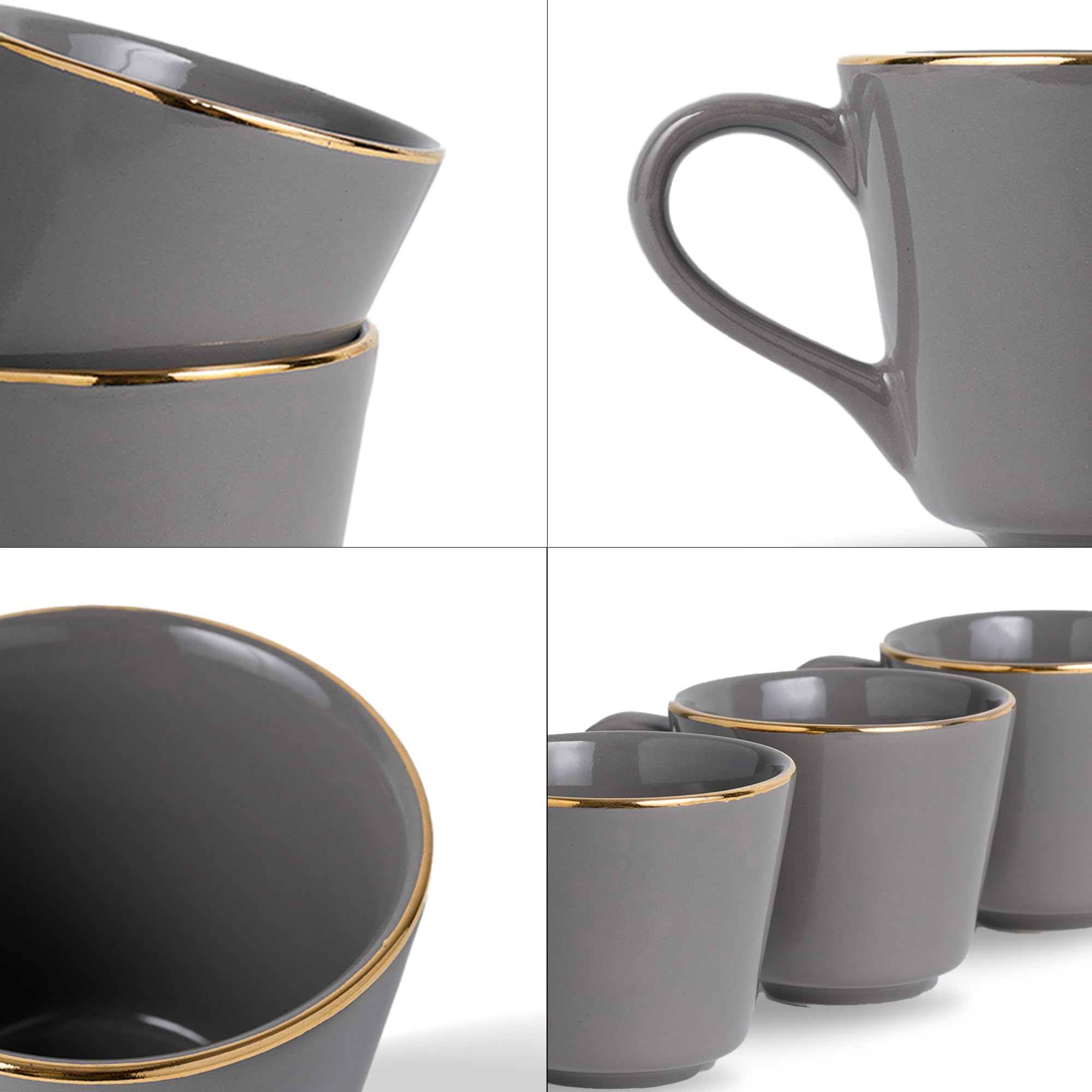 Shay Ceramic Tea Cup Set, Set of 6, Grey with Real Gold Line, 180ml | Cup Set of 6 for Tea | Glossy Finish | Premium Ceramic | Tea Cup Set of 6 (Tea Cups - Grey Gold Line) 4