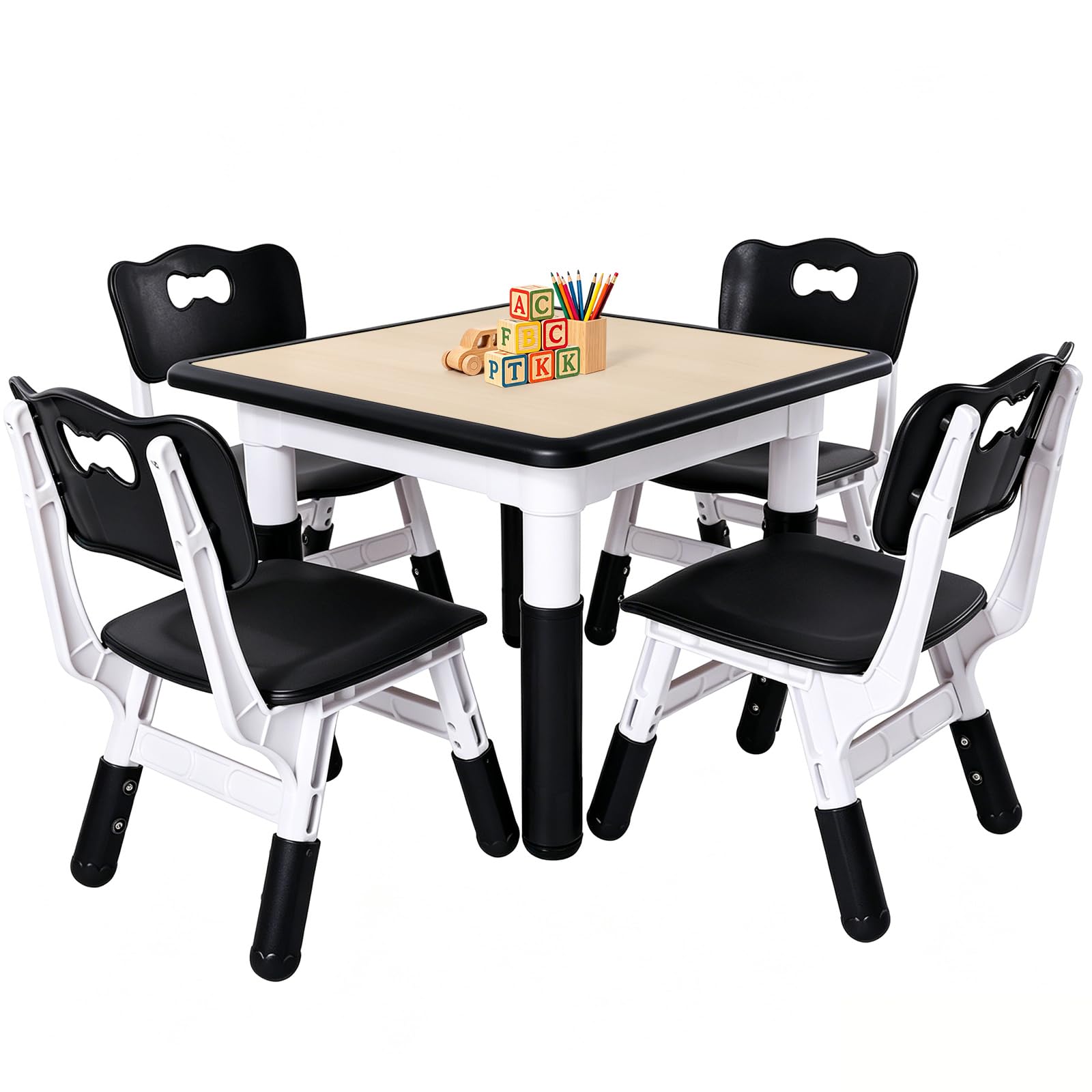 FUNLIO Kids Table and 4 Chairs Set, Height Adjustable Toddler Table and Chair Set for Ages 3-8, Easy to Wipe Arts &amp; Crafts Table, for Classrooms/Daycares/Homes, CPC &amp; CE Approved (5-Piece Set) - Black