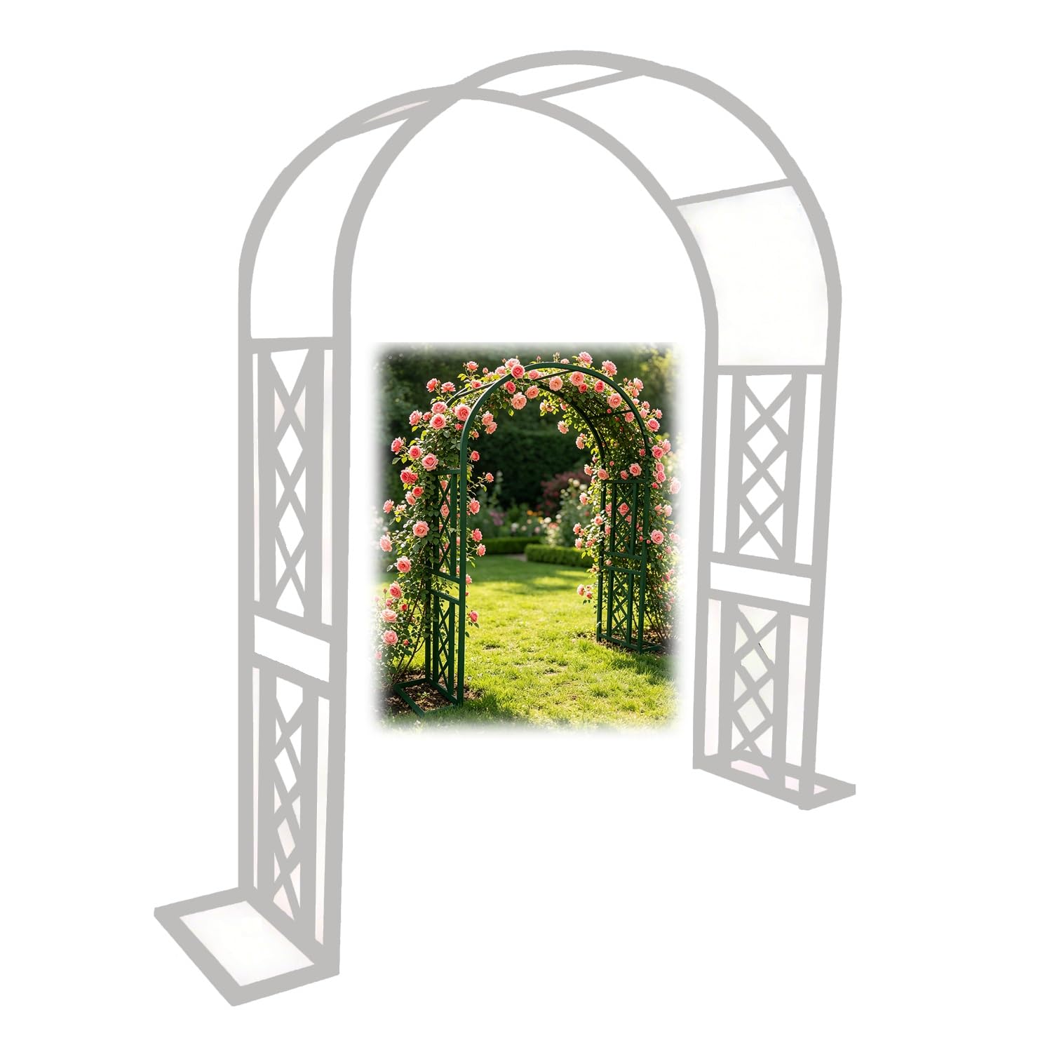 Arco de jardín de acero inoxidable con base para decoración y plantas trepadoras