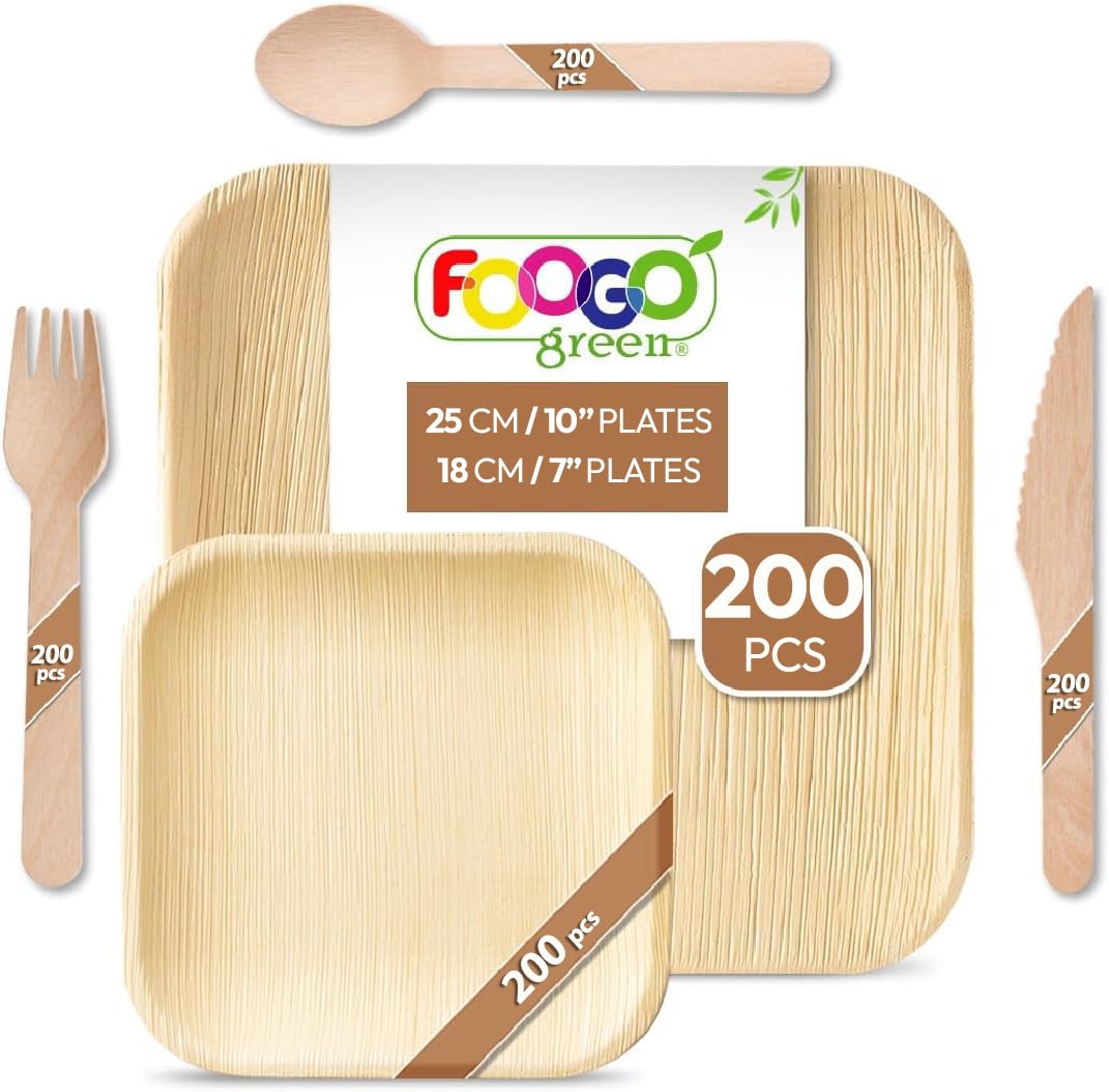 FOOGO Green 1000pcs Disposable Palm Leaf Plates and Wooden Cutlery Set, FSC® Certified, 200x Large Square, 200x Small Side Plates, 200xSpoons, 200xForks, 200xKnives, Biodegradable — image 1
