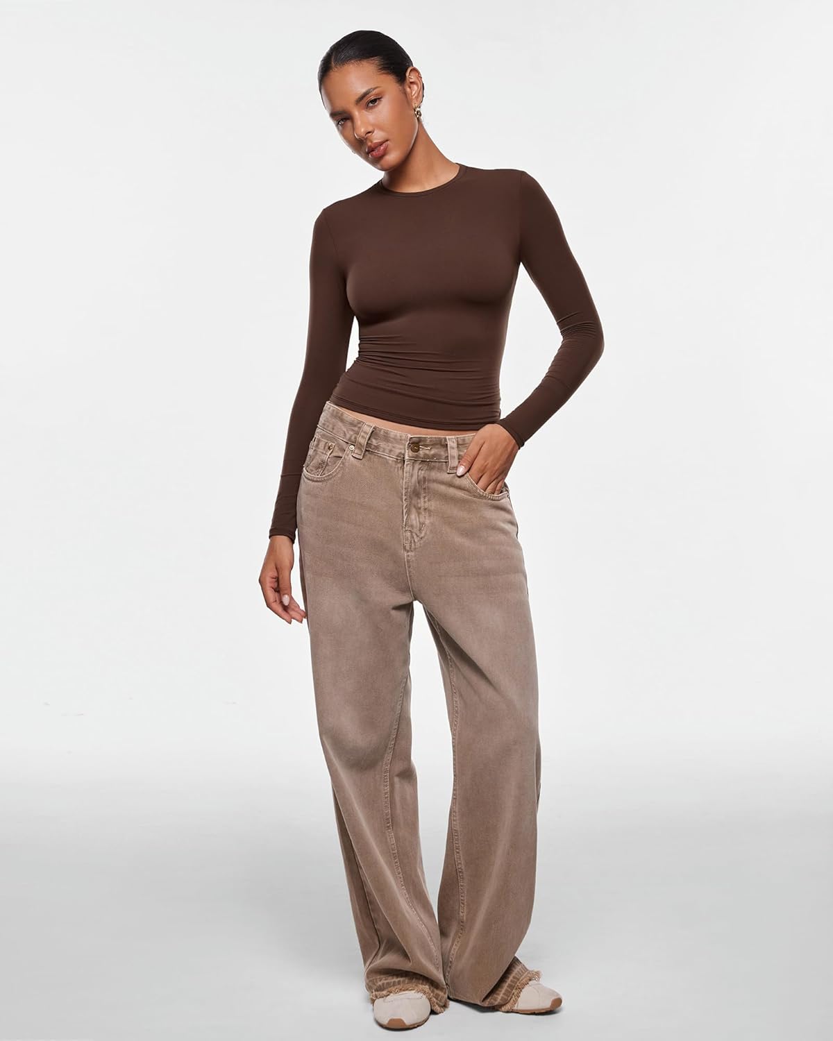 INLYRIC Women's Inbarely Ultra Long Sleeve Shirts Crew Neck Double Lined Slim Fitted Going Out Tops Basic Tees - Image 2