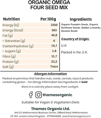 Organic Omega Four Seed Mix -1kg- Pumpkin, Sunflower, Sesame, Flax - No Additives, No Preservatives, High Fibre, High Protein, Raw Whole Seeds, Vegan, GMO Free, Certified Organic - Thames Organic