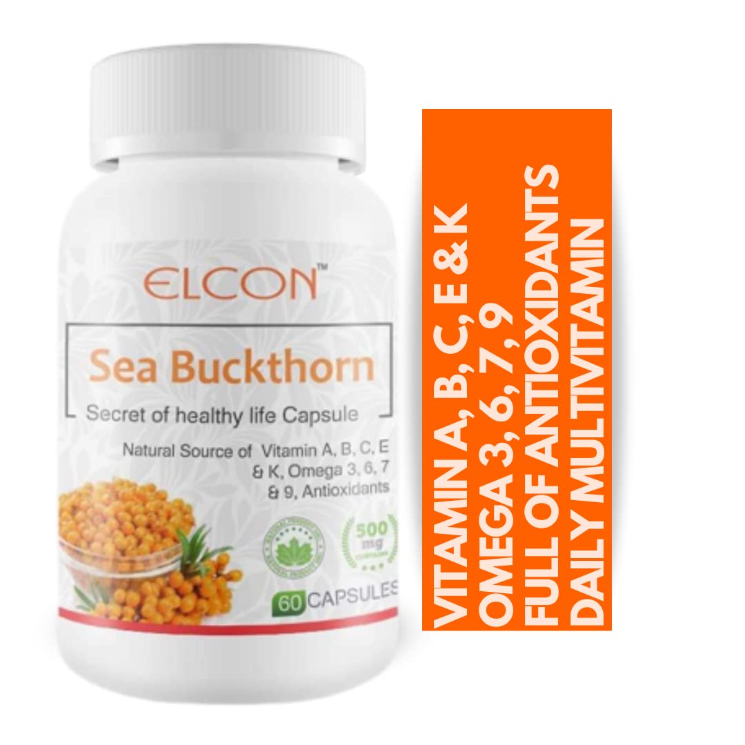 Elcon's® Seabuckthorn Capsule 500 mg Antioxidant Supplement and Immunity Booster 100% Natural with Vitamin C and Rich Source of Omegas 3,6,9- Pack of 1 60 Capsules Each