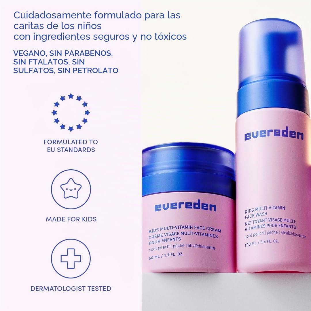 Evereden Kids Happy Face Duo (Cool Peach) - Juego de lavado facial multivitamínico para niños y crema facial para niños - Cuidado de la piel limpio y vegano para niños a partir de 3 años - Juego de