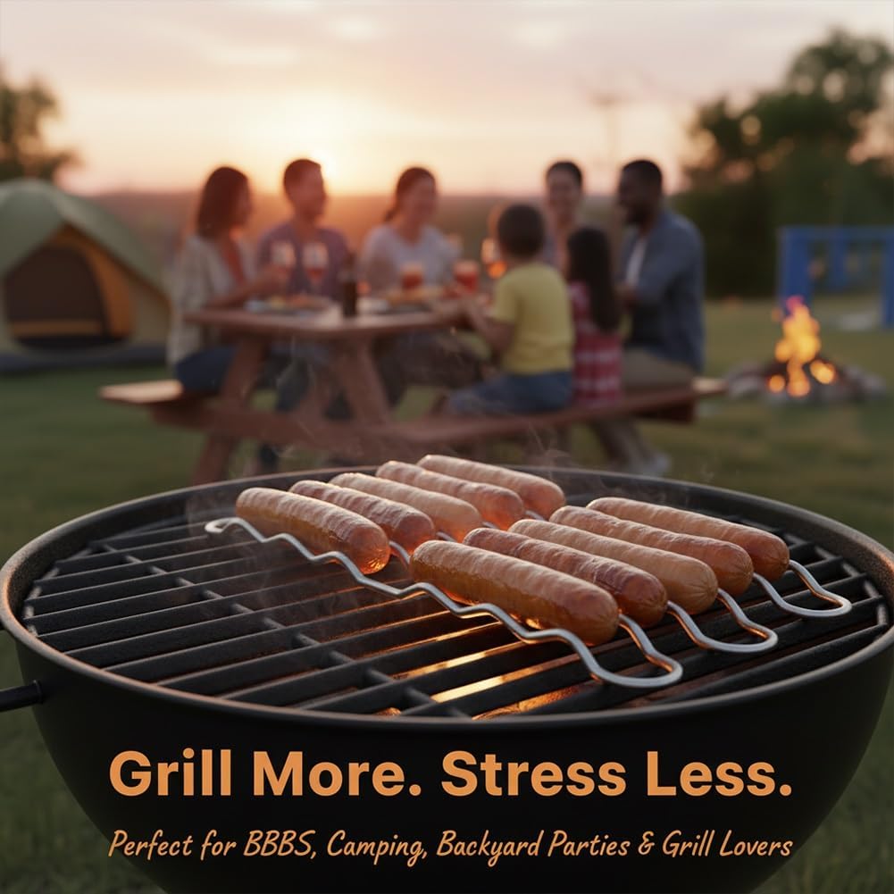 2-pak grillów ze stali nierdzewnej i obracany o 360° grill do hot dogów bez użycia rąk zestaw do gotowania na świeżym powietrzu idealny dla entuzjastów biwakowania i grillowania