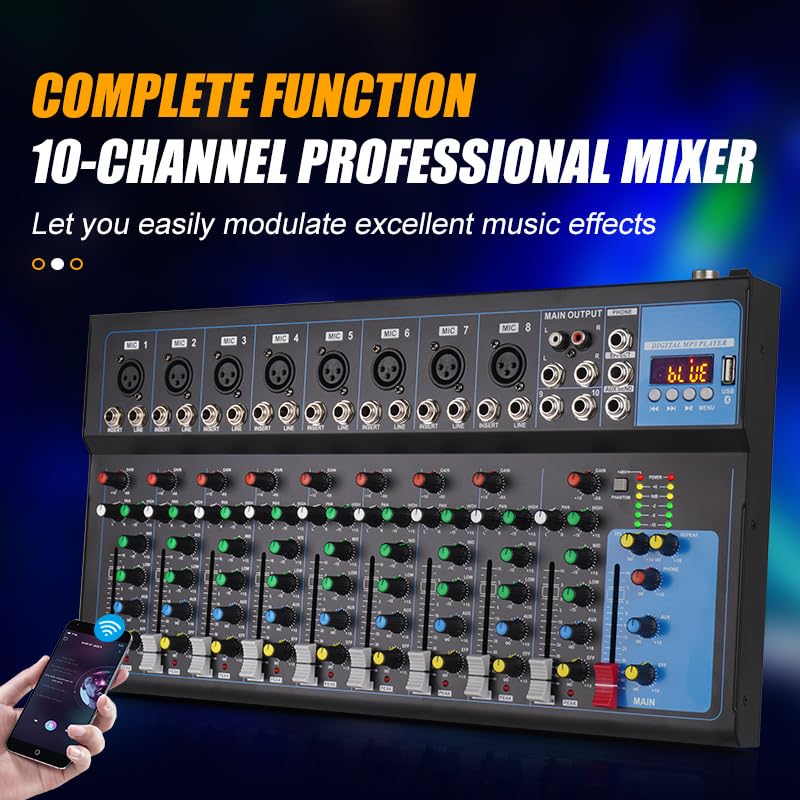 Doslnlya GH10 Bluetooth Compatible Professional Mixer with 10 Channel Audio Interface - Karaoke Music App for Recording DJ Stage with USB Drive BT (GH10)