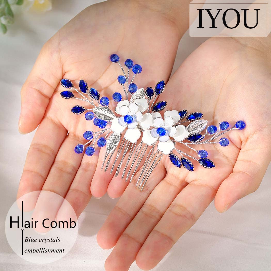 IYOU Flor Boda Peine Azul Cristal Nupcial Accesorios para el Cabello Barroco Paseo Novia Piezas de Cabello por Mujeres